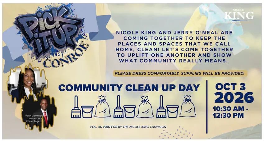 Flyer for Community Cleanup Day, Pick It Up Conroe, with Nicole King and Jerry O’Neal, on October 3, 2026