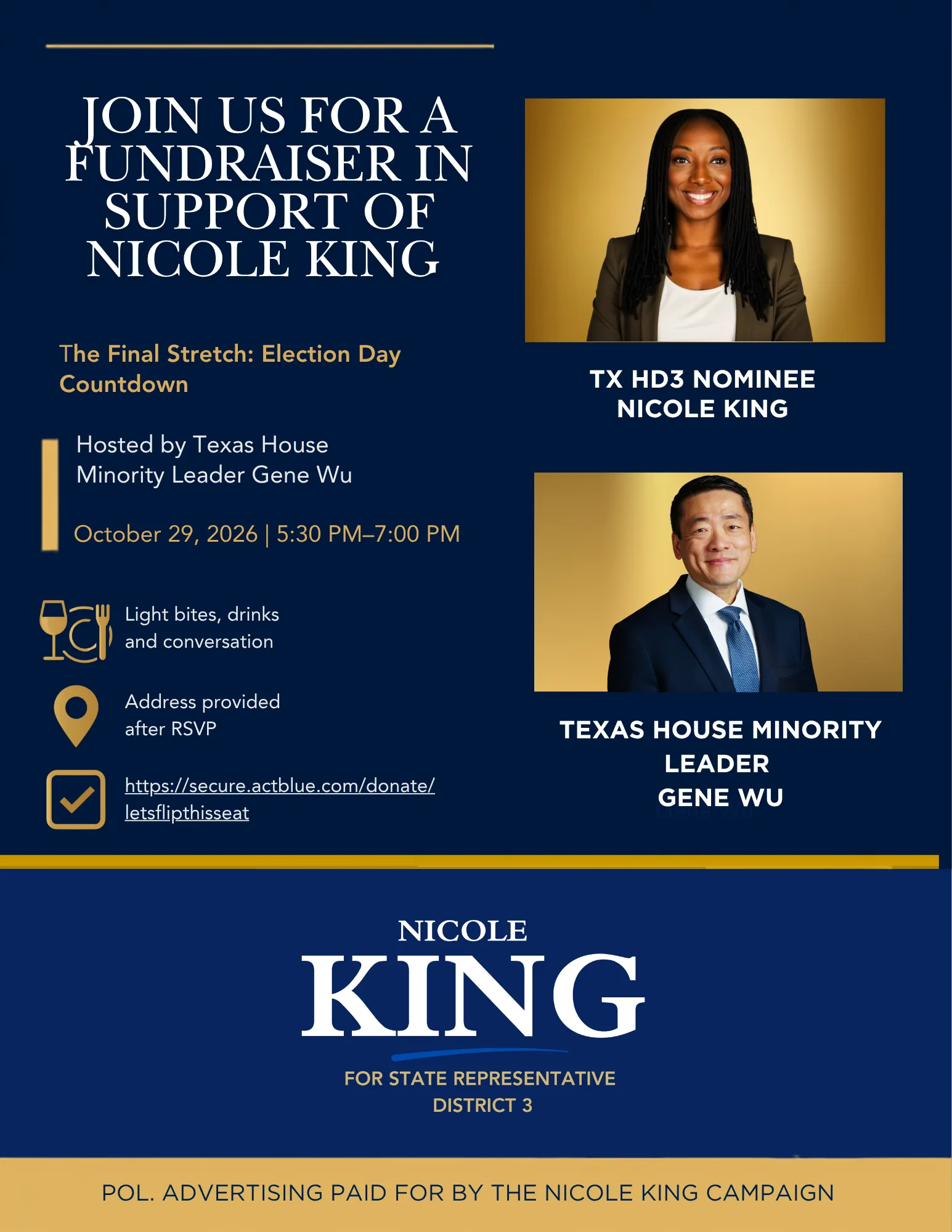 Fundraiser flyer for The Final Stretch: Election Day Countdown, hosted by Texas House Minority Leader Gene Wu on October 29, 2026, featuring TX HD3 nominee Nicole King.